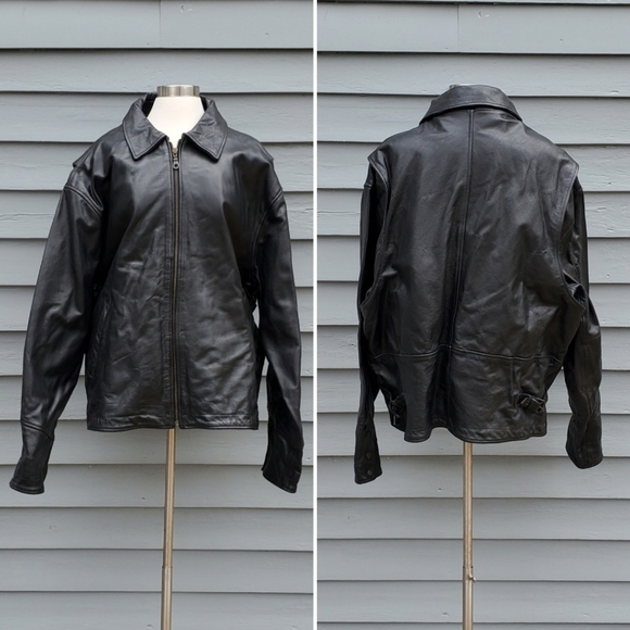 Vintage 90s y2k Wilsons Black Leather Car Coat Racer Racing Jacket XXL Tall - Picture 1 of 6
